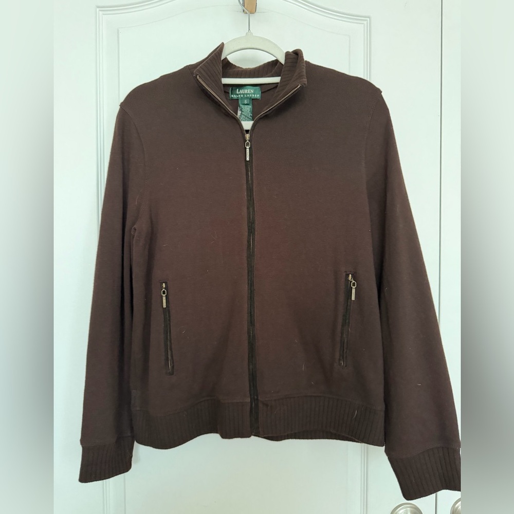 EUC Vintage Ralph Lauren Brown Zip-Up Sweater Jacket w/ Suede Elbow Pads sz Sml